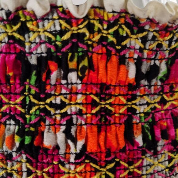 Vintage 70s Flower Power Smocked Tube Dress Size M Dayglo Bark Cloth Maxi Skirt - Picture 10 of 15